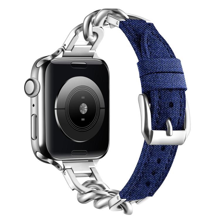 For Apple Watch 46mm / 49mm / 45mm / 44mm Metal Chain Leather Denim Watch Band(Dark Blue) by bashfashion