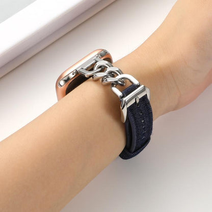 For Apple Watch 46mm / 49mm / 45mm / 44mm Metal Chain Leather Denim Watch Band(Dark Blue) by bashfashion