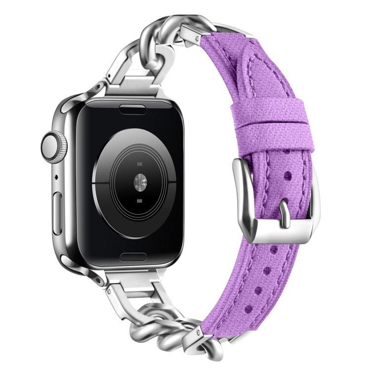 For Apple Watch 46mm / 49mm / 45mm / 44mm Metal Chain Leather Denim Watch Band(Purple) by bashfashion