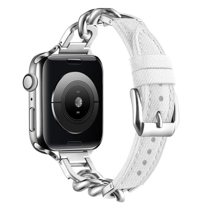 For Apple Watch 42mm / 41mm / 40mm / 38mm Metal Chain Leather Denim Watch Band(White) by bashfashion