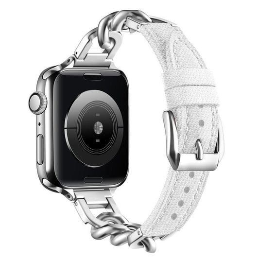 For Apple Watch 42mm / 41mm / 40mm / 38mm Metal Chain Leather Denim Watch Band(White) by bashfashion