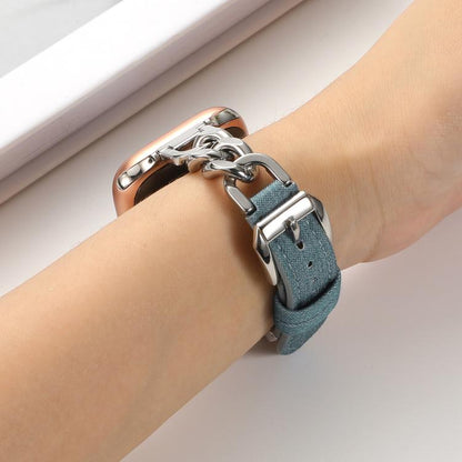 For Apple Watch 42mm / 41mm / 40mm / 38mm Metal Chain Leather Denim Watch Band(Blue) by bashfashion