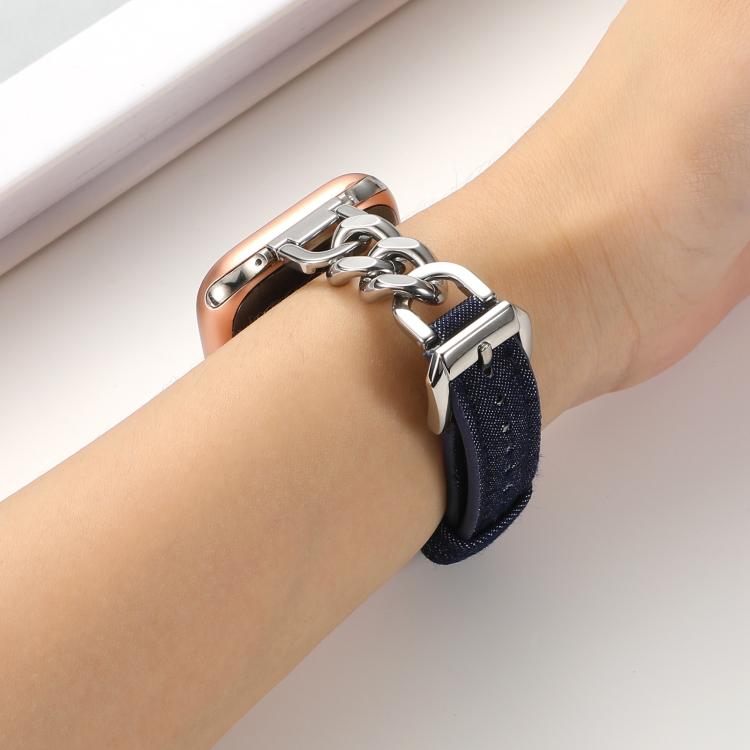 For Apple Watch 42mm / 41mm / 40mm / 38mm Metal Chain Leather Denim Watch Band(Ochre Red) by bashfashion