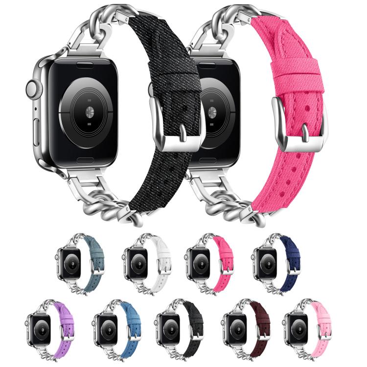 For Apple Watch 46mm / 49mm / 45mm / 44mm Metal Chain Leather Denim Watch Band(Black) by bashfashion
