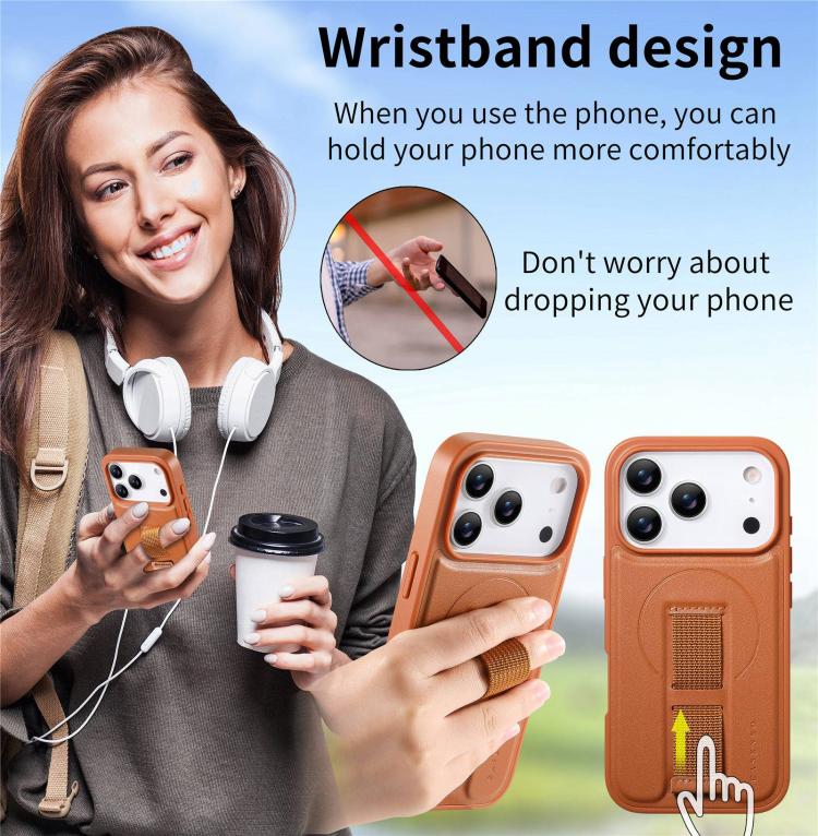 For iPhone 17 Pro Max CaseNeo Finger Grip Strap MagSafe Leather Phone Case(Brown) by CaseNeo