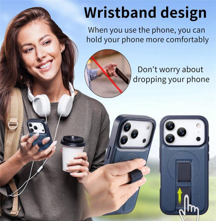 For iPhone 17 Pro Max CaseNeo Finger Grip Strap MagSafe Leather Phone Case(Blue) by CaseNeo