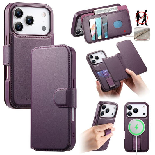 For iPhone 17 Pro CaseNeo Finger Grip Strap MagSafe Leather Phone Case(Purple) by CaseNeo