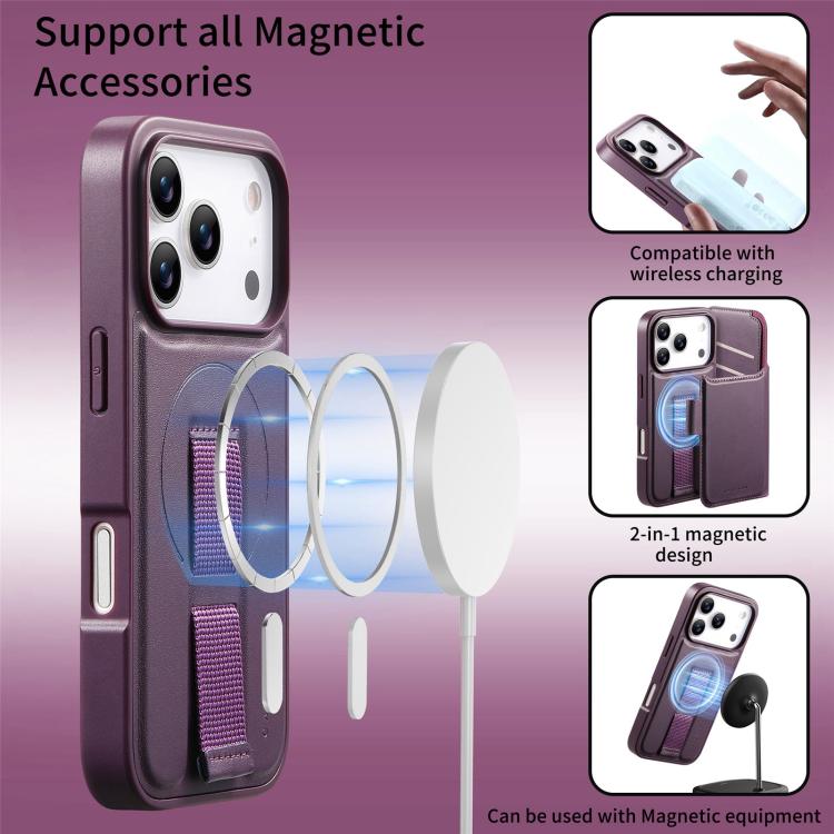 For iPhone 17 Pro CaseNeo Finger Grip Strap MagSafe Leather Phone Case(Purple) by CaseNeo