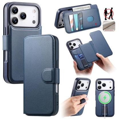 For iPhone 17 Pro CaseNeo Finger Grip Strap MagSafe Leather Phone Case(Blue) by CaseNeo