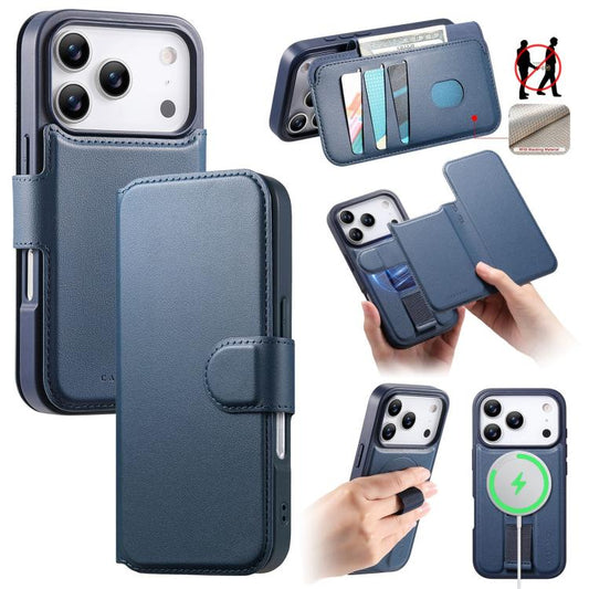 For iPhone 17 Pro CaseNeo Finger Grip Strap MagSafe Leather Phone Case(Blue) by CaseNeo