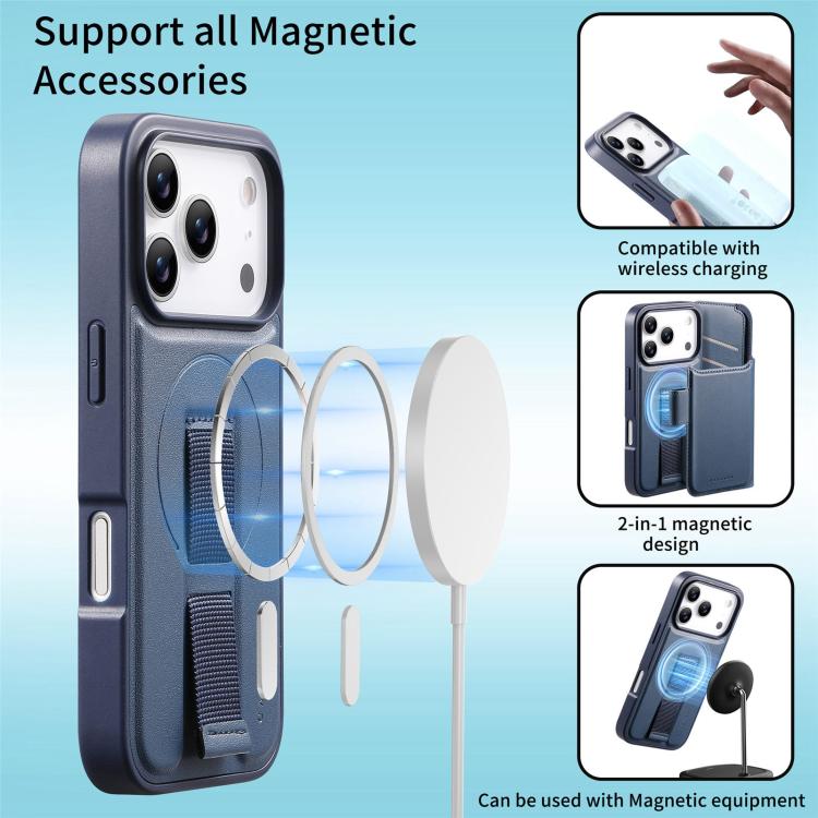 For iPhone 17 Pro CaseNeo Finger Grip Strap MagSafe Leather Phone Case(Blue) by CaseNeo