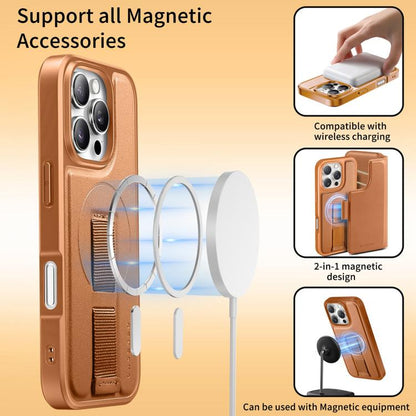 For iPhone 17 CaseNeo Finger Grip Strap MagSafe Leather Phone Case(Brown) by CaseNeo