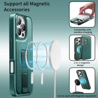 For iPhone 17 CaseNeo Finger Grip Strap MagSafe Leather Phone Case(Green) by CaseNeo