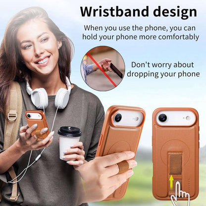 For iPhone Air CaseNeo Finger Grip Strap MagSafe Leather Phone Case(Brown) by CaseNeo