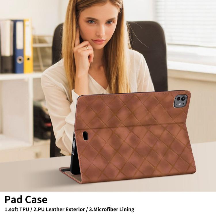 For iPad Air 13 2025 / 2024 / Pro 12.9 Rhombus Embossed Leather Smart Tablet Case(Brown) by bashfashion