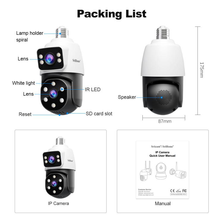 SriHome SH068 E27 4MP HD Dual Lens Light Bulb Camera Outdoor IP66 Waterproof(White) by SriHome