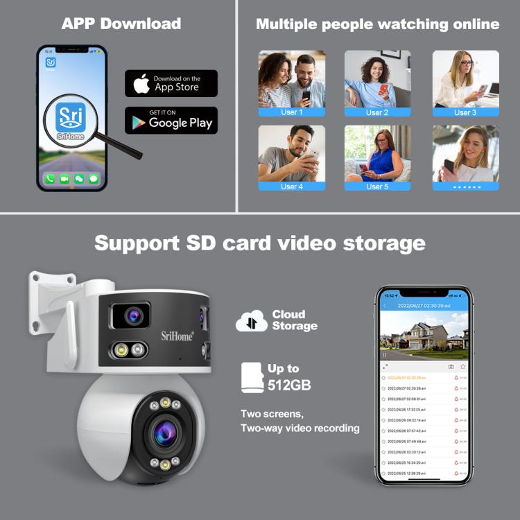 SriHome SH055B 8MP HD Multi-lens Super Wide Angle Panoramic PTZ Dome Camera(UK Plug) by SriHome