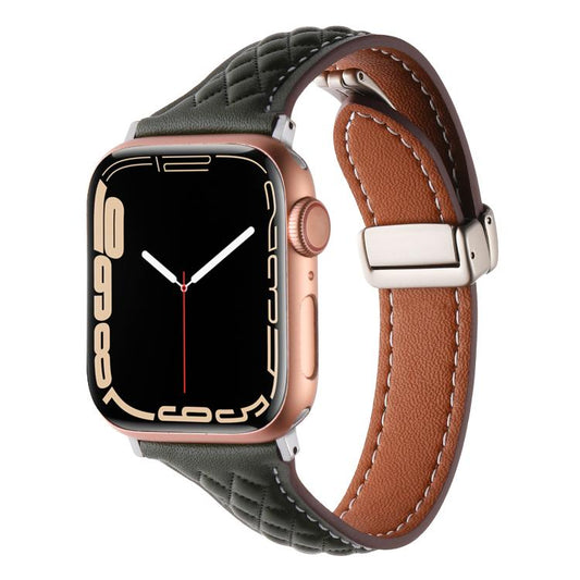 For Apple Watch 46mm / 49mm / 45mm / 44mm Kalebol Diamond Pattern Magnetic Buckle Leather Strap(Olive Green) by Kalebol