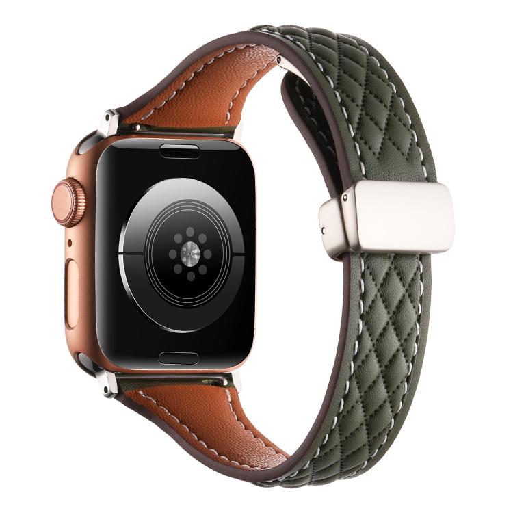For Apple Watch 46mm / 49mm / 45mm / 44mm Kalebol Diamond Pattern Magnetic Buckle Leather Strap(Olive Green) by Kalebol