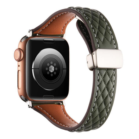 For Apple Watch 46mm / 49mm / 45mm / 44mm Kalebol Diamond Pattern Magnetic Buckle Leather Strap(Olive Green) by Kalebol