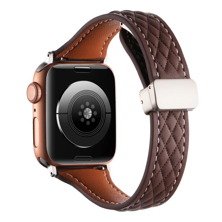 For Apple Watch 46mm / 49mm / 45mm / 44mm Kalebol Diamond Pattern Magnetic Buckle Leather Strap(Coffee) by Kalebol