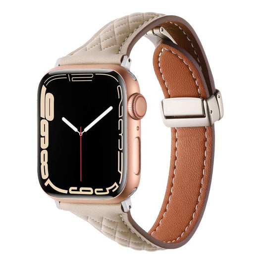 For Apple Watch 46mm / 49mm / 45mm / 44mm Kalebol Diamond Pattern Magnetic Buckle Leather Strap(Apricot) by Kalebol