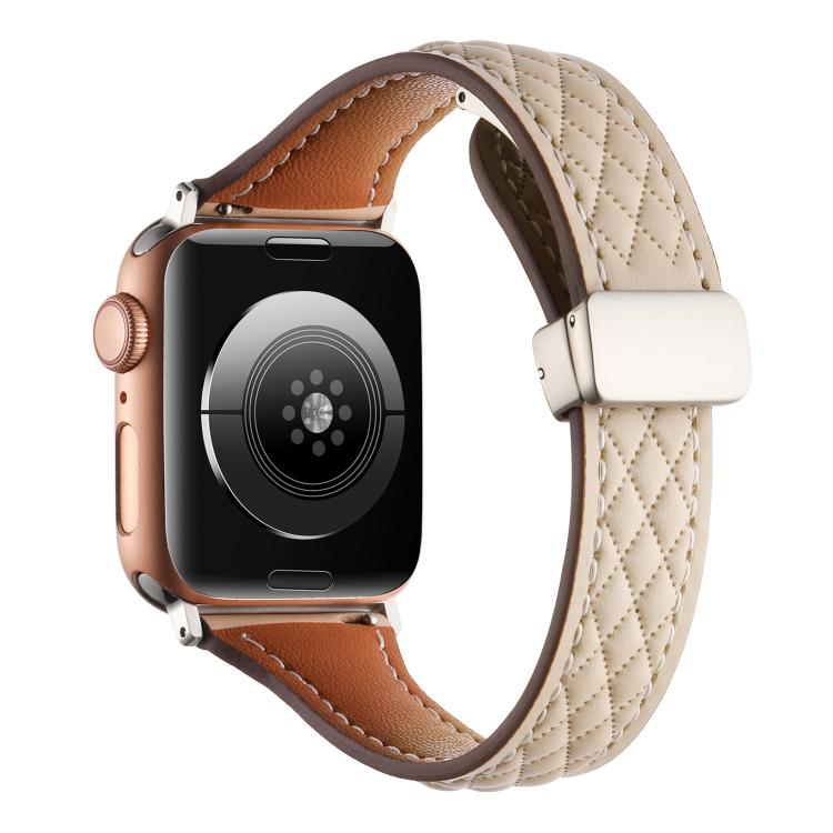 For Apple Watch 46mm / 49mm / 45mm / 44mm Kalebol Diamond Pattern Magnetic Buckle Leather Strap(Apricot) by Kalebol