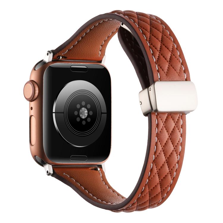 For Apple Watch 46mm / 49mm / 45mm / 44mm Kalebol Diamond Pattern Magnetic Buckle Leather Strap(Brown) by Kalebol