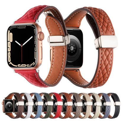 For Apple Watch 46mm / 49mm / 45mm / 44mm Kalebol Diamond Pattern Magnetic Buckle Leather Strap(Brown) by Kalebol