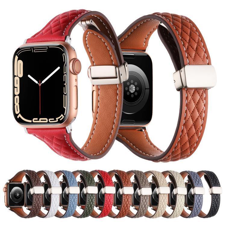 For Apple Watch 46mm / 49mm / 45mm / 44mm Kalebol Diamond Pattern Magnetic Buckle Leather Strap(Coffee) by Kalebol