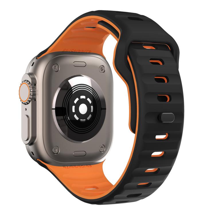 For Apple Watch 46mm / 49mm / 45mm / 44mm Kalebol Wave Reverse Buckle Two-color Silicone Strap(Black Orange) by Kalebol