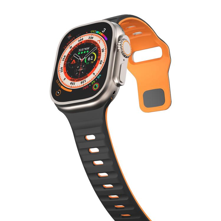 For Apple Watch 46mm / 49mm / 45mm / 44mm Kalebol Wave Reverse Buckle Two-color Silicone Strap(Black Orange) by Kalebol