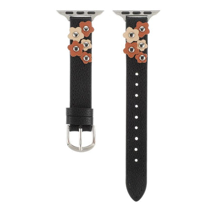 For Apple Watch 46mm / 49mm / 45mm / 44mm Kalebol Studded Flower Leather Strap(Black) by Kalebol