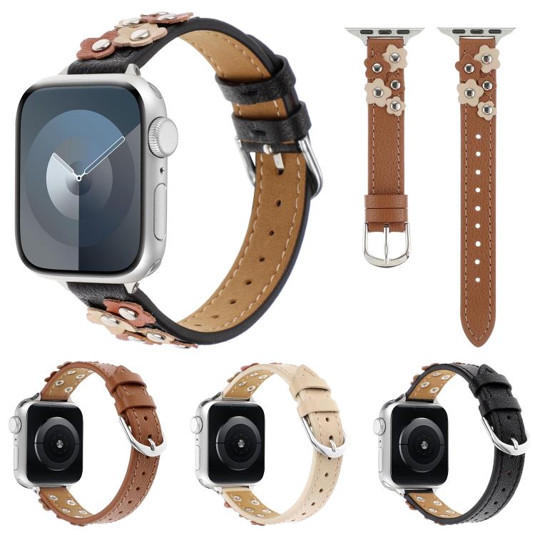 For Apple Watch 46mm / 49mm / 45mm / 44mm Kalebol Studded Flower Leather Strap(Black) by Kalebol