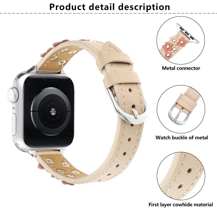 For Apple Watch 46mm / 49mm / 45mm / 44mm Kalebol Studded Flower Leather Strap(Black) by Kalebol