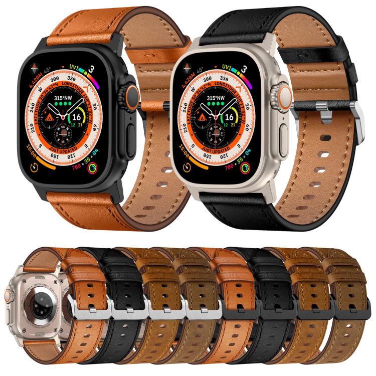 For Apple Watch 46mm / 49mm / 45mm / 44mm Kalebol Genuine Leather Watch Band(Black Dark Brown) by Kalebol