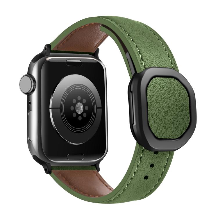 For Apple Watch 46mm / 49mm / 45mm / 44mm Kalebol Magnetic Fold Genuine Buckle Leather Watch Band(Army Green) by Kalebol