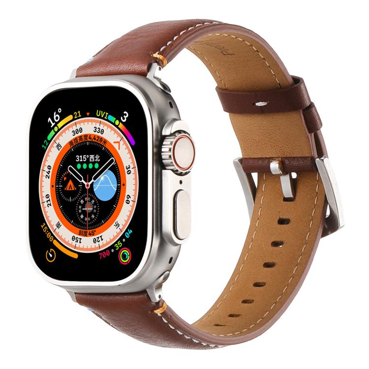 For Apple Watch 46mm / 49mm / 45mm / 44mm Kalebol Stitched Genuine Leather Watch Band(Pull Up Leather Brown) by Kalebol
