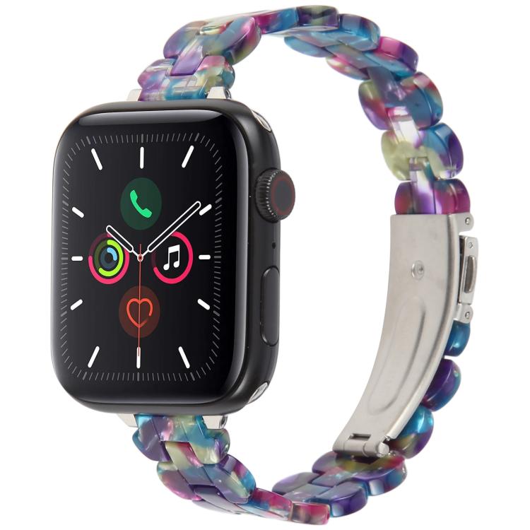 For Apple Watch 42mm / 41mm / 40mm / 38mm Oval Resin Watch Band(Purple Green Flower) by bashfashion