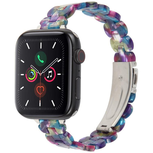 For Apple Watch 42mm / 41mm / 40mm / 38mm Oval Resin Watch Band(Purple Green Flower) by bashfashion