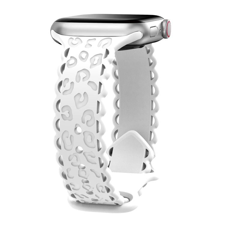 For Apple Watch 46mm / 49mm / 45mm / 44mm Lace Laser Engraved Leopard Silicone Watch Band(White) by bashfashion