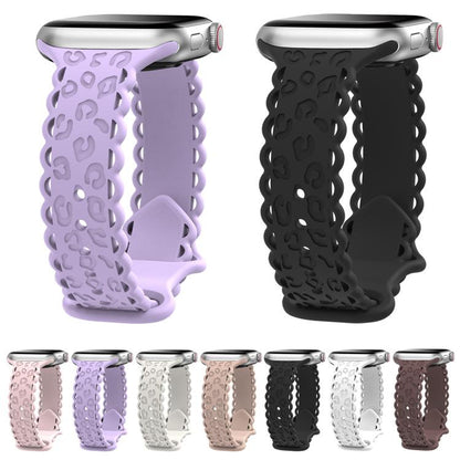 For Apple Watch 46mm / 49mm / 45mm / 44mm Lace Laser Engraved Leopard Silicone Watch Band(White) by bashfashion