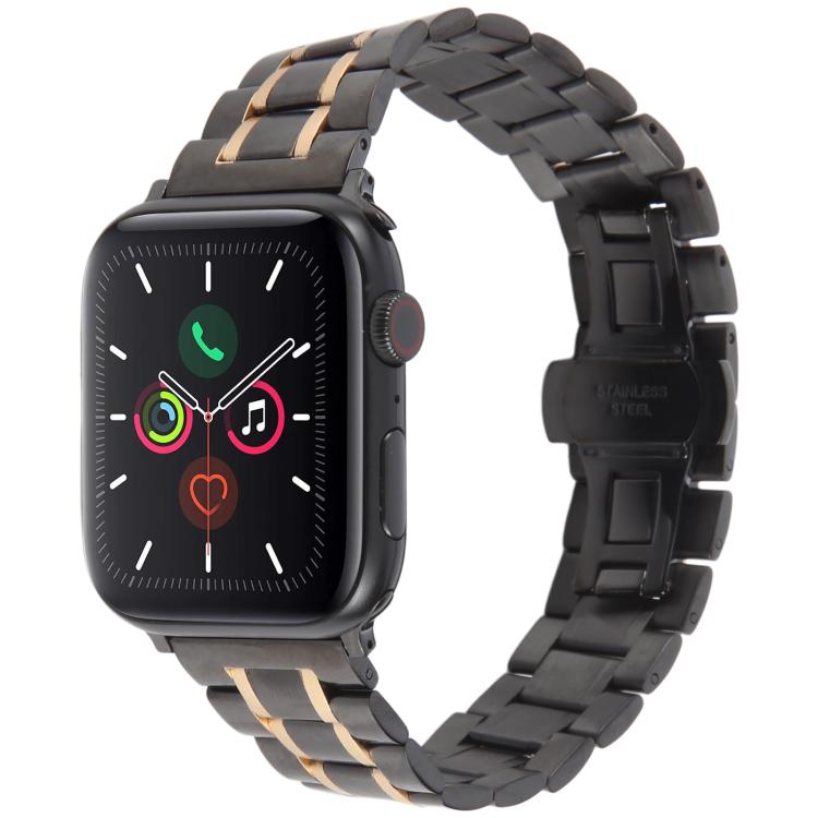 For Apple Watch 46mm / 49mm / 45mm / 44mm Butterfly Buckle New Five Beads Stainless Steel Watch Band(Black Rose Gold) by bashfashion