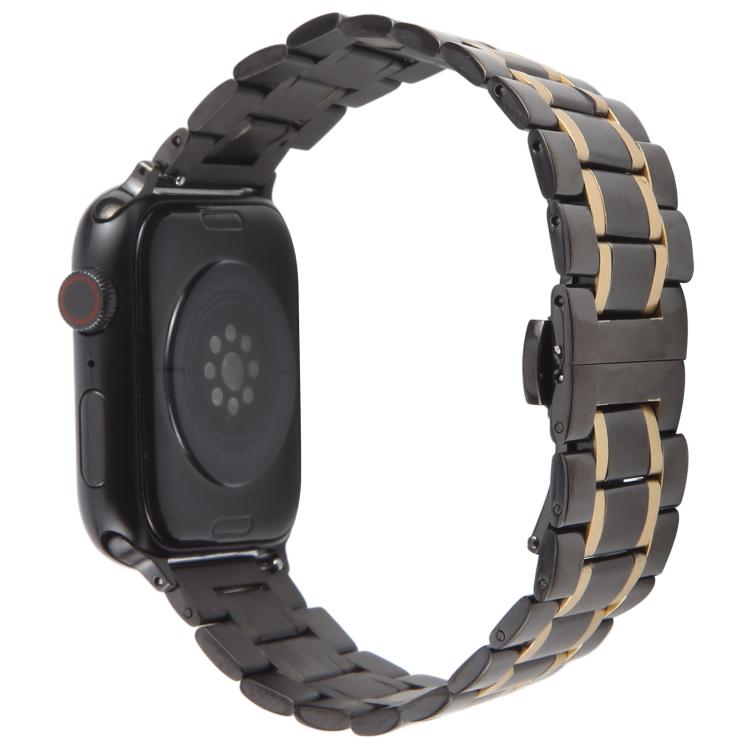 For Apple Watch 46mm / 49mm / 45mm / 44mm Butterfly Buckle New Five Beads Stainless Steel Watch Band(Black Gold) by bashfashion