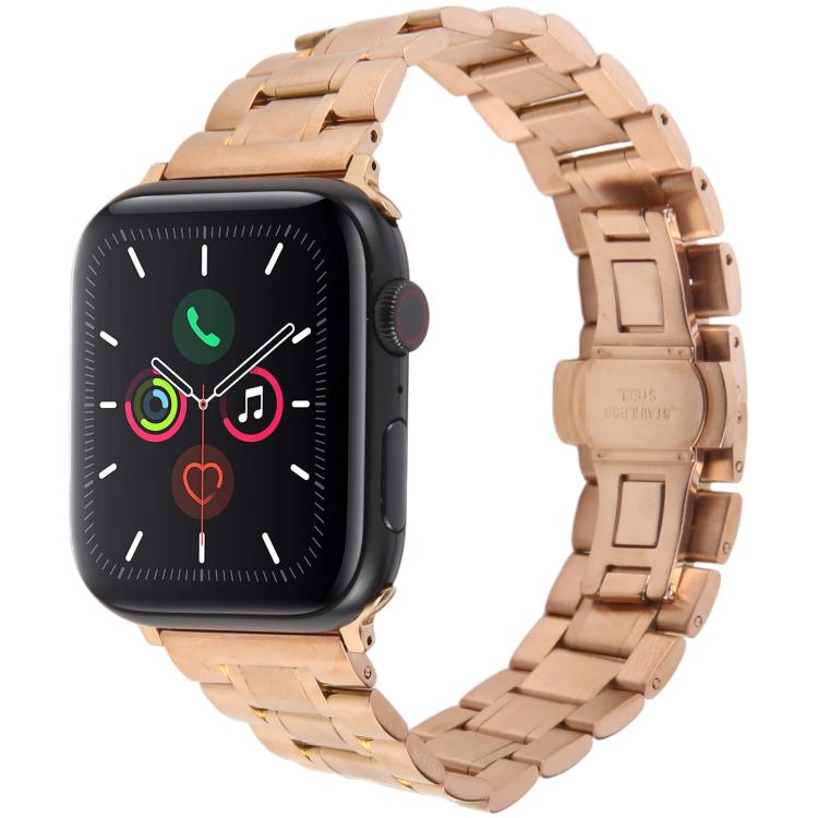 For Apple Watch 42mm / 41mm / 40mm / 38mm Butterfly Buckle New Five Beads Stainless Steel Watch Band(Rose Gold) by bashfashion