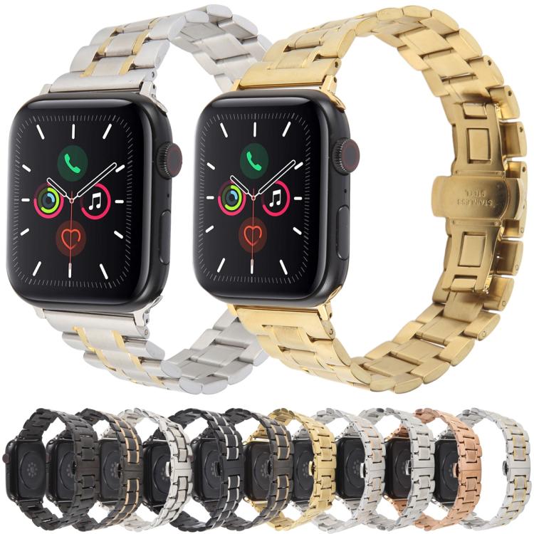 For Apple Watch 46mm / 49mm / 45mm / 44mm Butterfly Buckle New Five Beads Stainless Steel Watch Band(Black Silver) by bashfashion