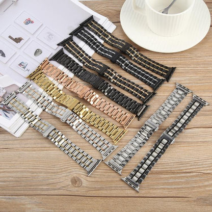 For Apple Watch 46mm / 49mm / 45mm / 44mm Butterfly Buckle New Five Beads Stainless Steel Watch Band(Silver Gold) by bashfashion