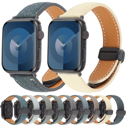 For Apple Watch 46mm / 49mm / 45mm / 44mm Folding Magnetic Buckle Denim Leather Watch Band(Dark Blue) by bashfashion