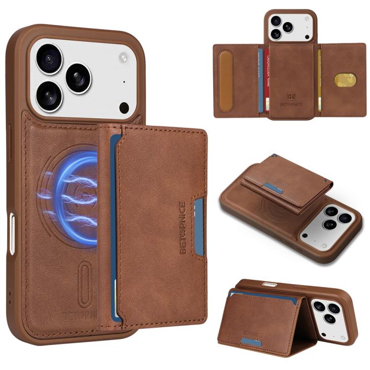 For iPhone 17 Pro BETOPNICE Horizontal Flip Detachable MagSafe Wallet Phone Case(Brown) by BETOPNICE