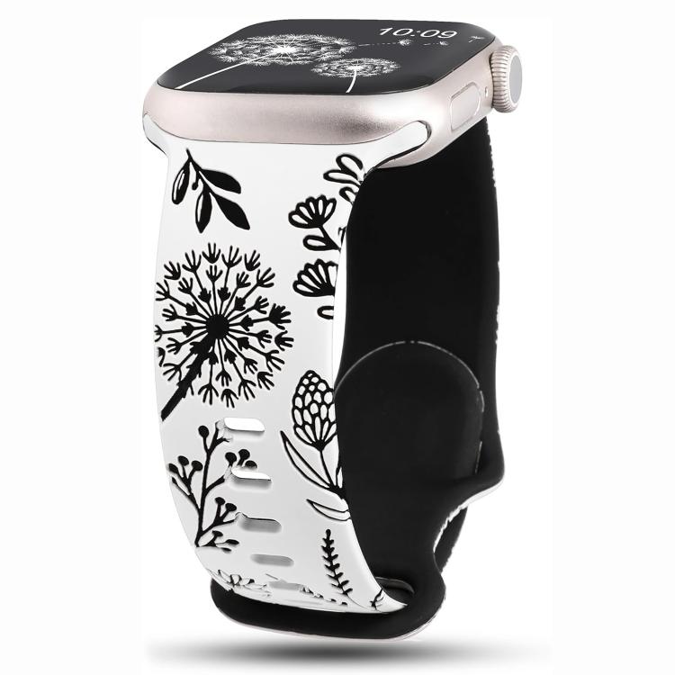 For Apple Watch 46mm / 49mm / 45mm / 44mm Two Color Dandelion Engraved Silicone Watch Band(White Black) by bashfashion